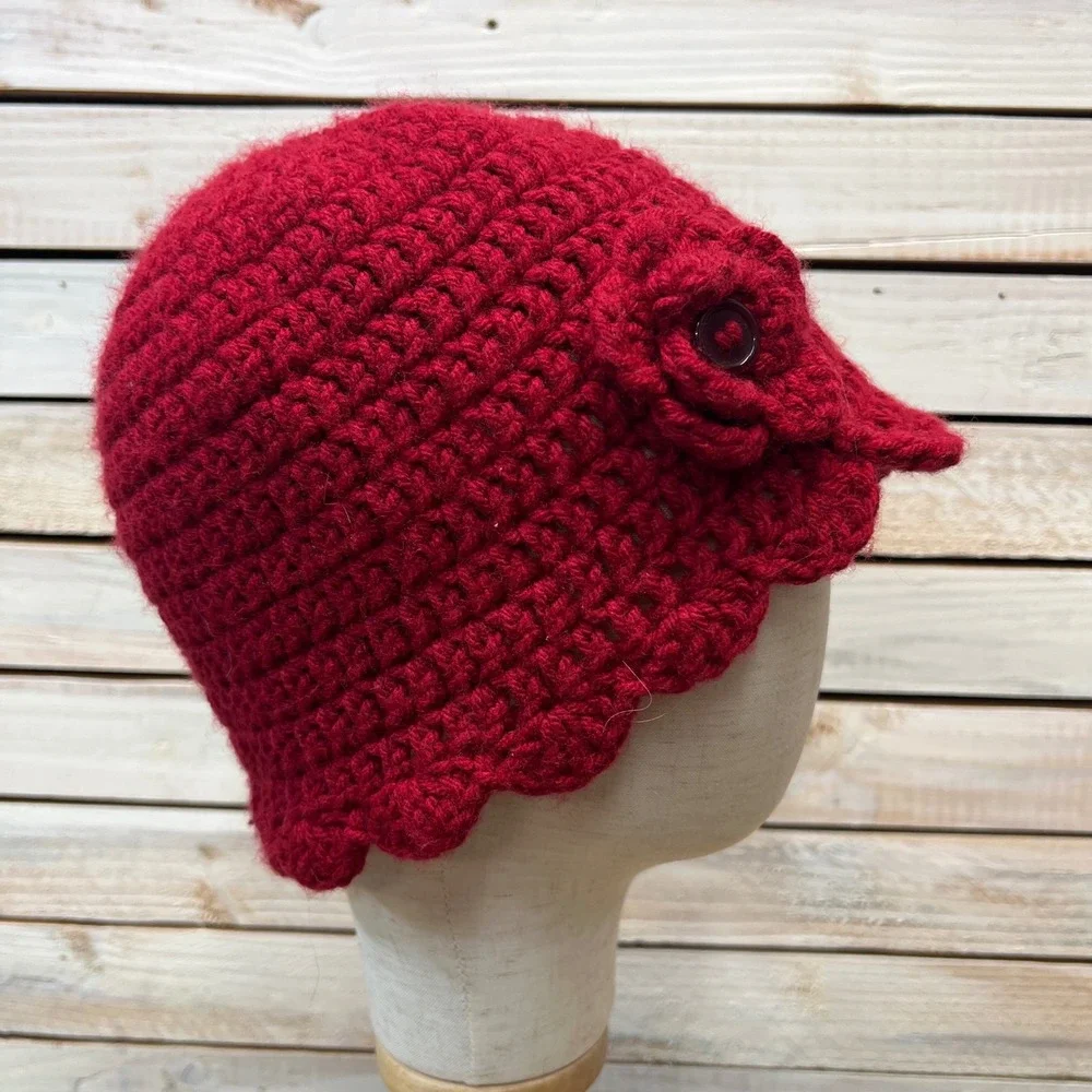 Vintage Red Crochet Cloche Hat Wool Blend Button Rosette Flapper 1920s Style OS